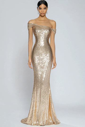 ZAPAKA Women Sparkly Champagne Long Prom Dress Mermaid Off the Shoulder Sequins Evening Dress